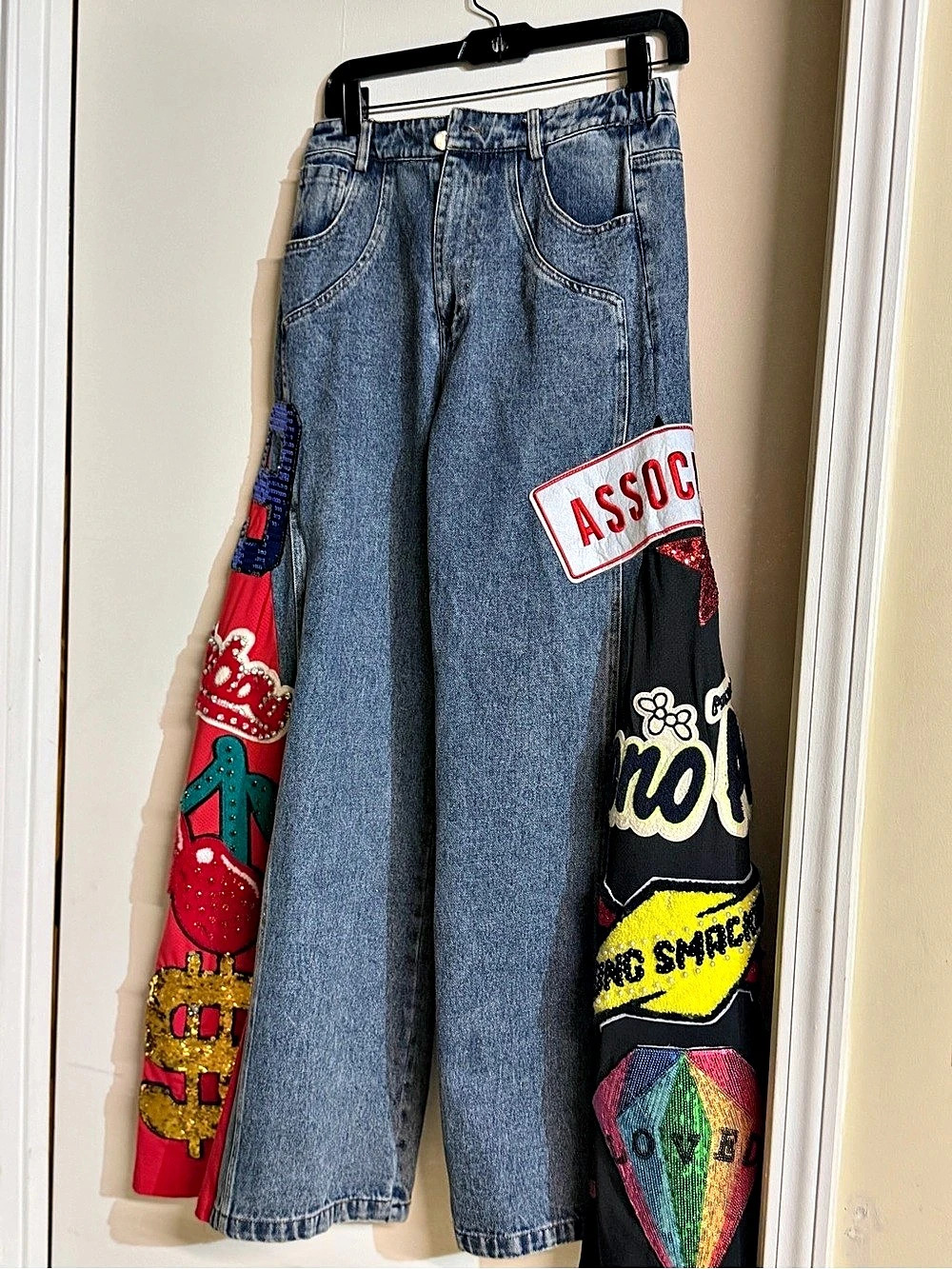 Patchwork Wide Leg Jeans in Blue & Red
